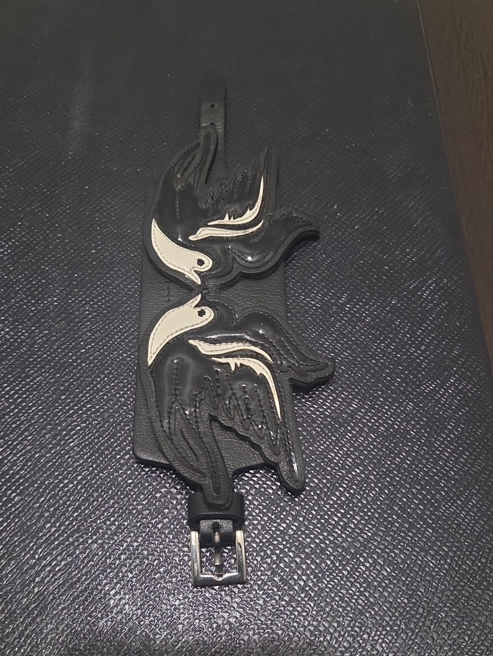 RED Valentino Black and White Leather Bracelet with Bird Appliqué